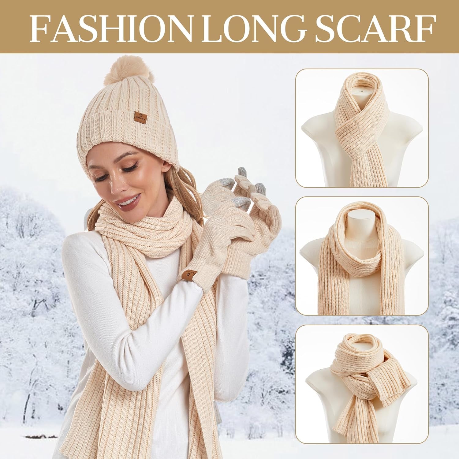 Coolprince Womens Long Scarf Gloves and Hat Set Cold Weather Hat Scarf Glove Set for Women Winter Beanie Hats with Pom Pom