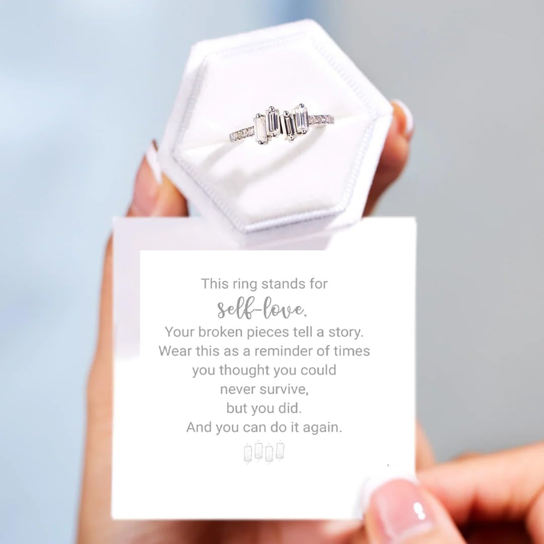 Sterling silver self-reminder ring with zircon stones from multiple angles