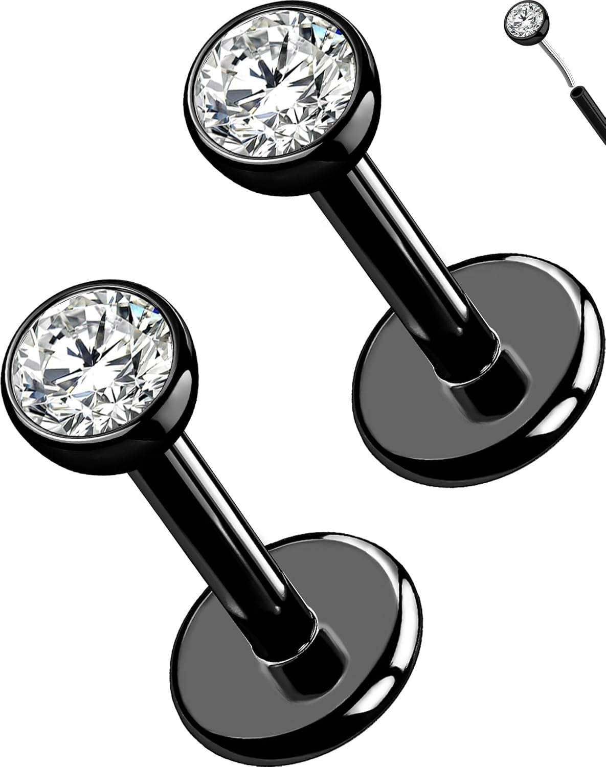 OUFER 2Pcs 20G/18G/16G G23 Titanium Threadless Nose Stud Earrings Flat Back Tiny CZ Small Nose Helix Cartilage Tragus Conch Labret Medusa Monroe Piercing Jewelry for Women Men