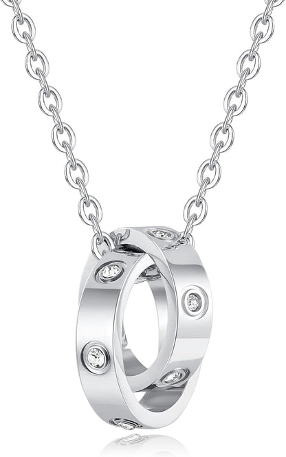 18K Gold-Plated Interlocking Circles Love Necklace for Women, Adjustable Stainless Steel Silver Pendant Necklace, Unique Gifts for Women on Birthday Christmas Valentines