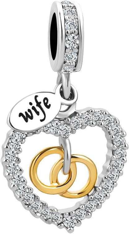 Heart Love Wife Wedding Ring Charms for Bracelets Valentines Day Jewelry Compatible with Pandora Bracelets