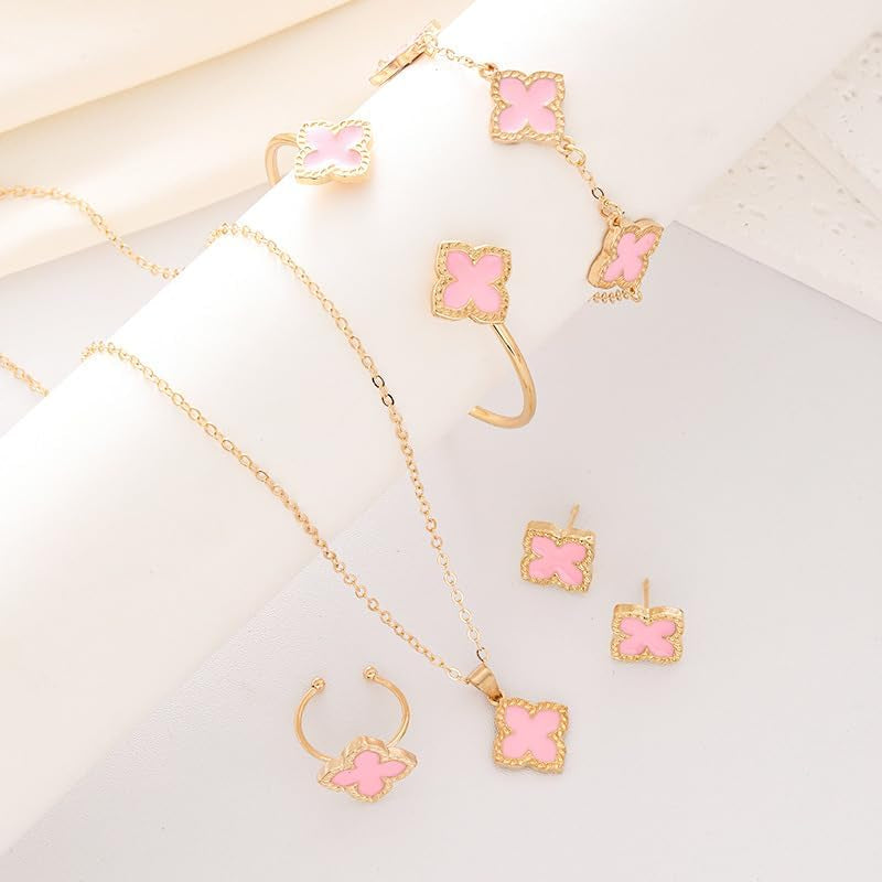 6Pcs/Set Lucky Clover Earring Necklace Bracelet Ring Set for Women Gold Plated Four-Leaf Pendent Link Chain Necklace Fashion Jewelry Set Valentine'S Day Gift