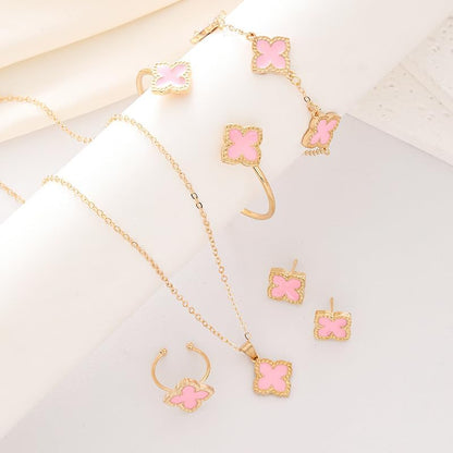 6Pcs/Set Lucky Clover Earring Necklace Bracelet Ring Set for Women Gold Plated Four-Leaf Pendent Link Chain Necklace Fashion Jewelry Set Valentine'S Day Gift