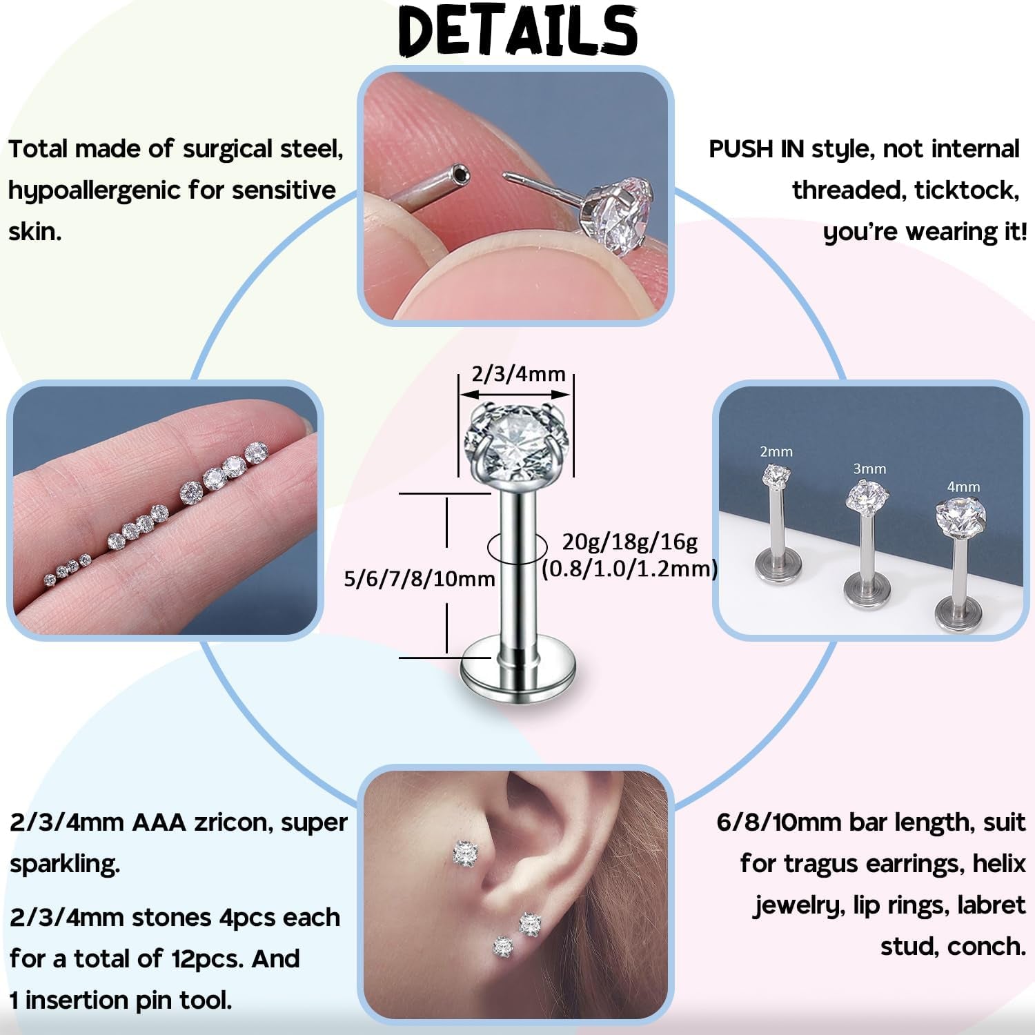 Punktracker 13Pcs 20G/18G/16G Flat Back Earrings Stud 316L Surgical Stainless Steel Threadless Push in Nose Stud Tragus Helix Lip Medusa Piercing Jewelry