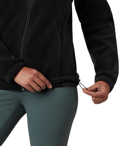 Woman modeling fleece jacket with layering capability