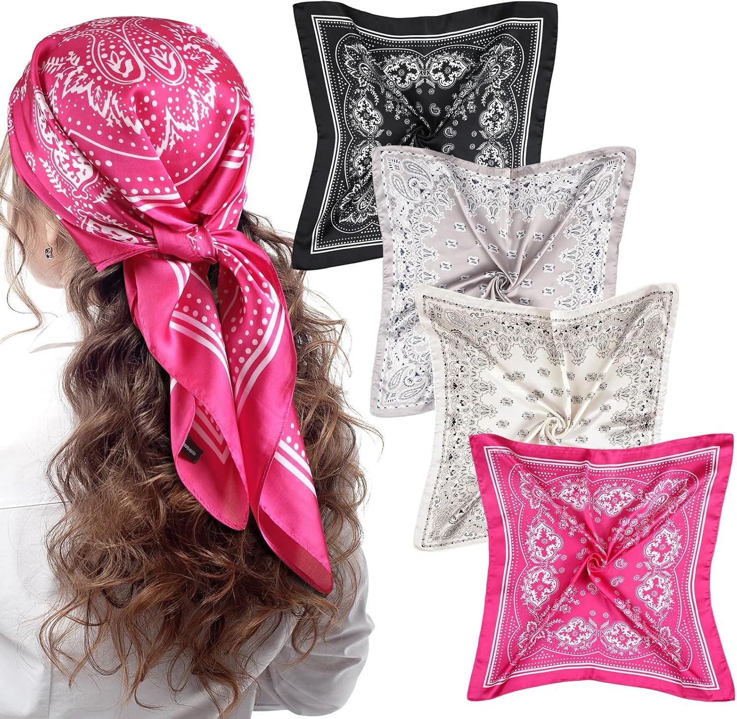 Syhood 4 Pcs 27'' Square Satin Head Scarves Satin Bandanas for Women Halloween Headband Silk Feeling Scarves Boho Headwear