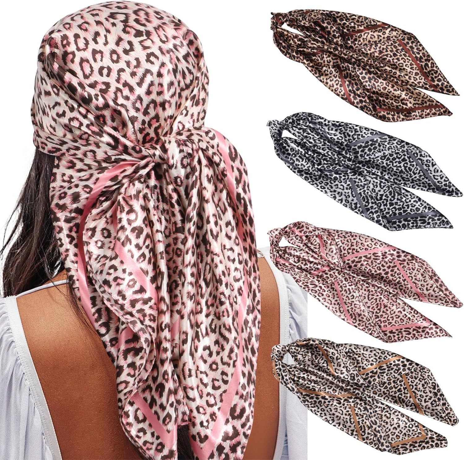 AWAYTR 35” Satin Large Square Head Scarves - 4PCS Silk like Neck Scarf Hair Sleeping Wraps Satin Silk Scarfs for Women