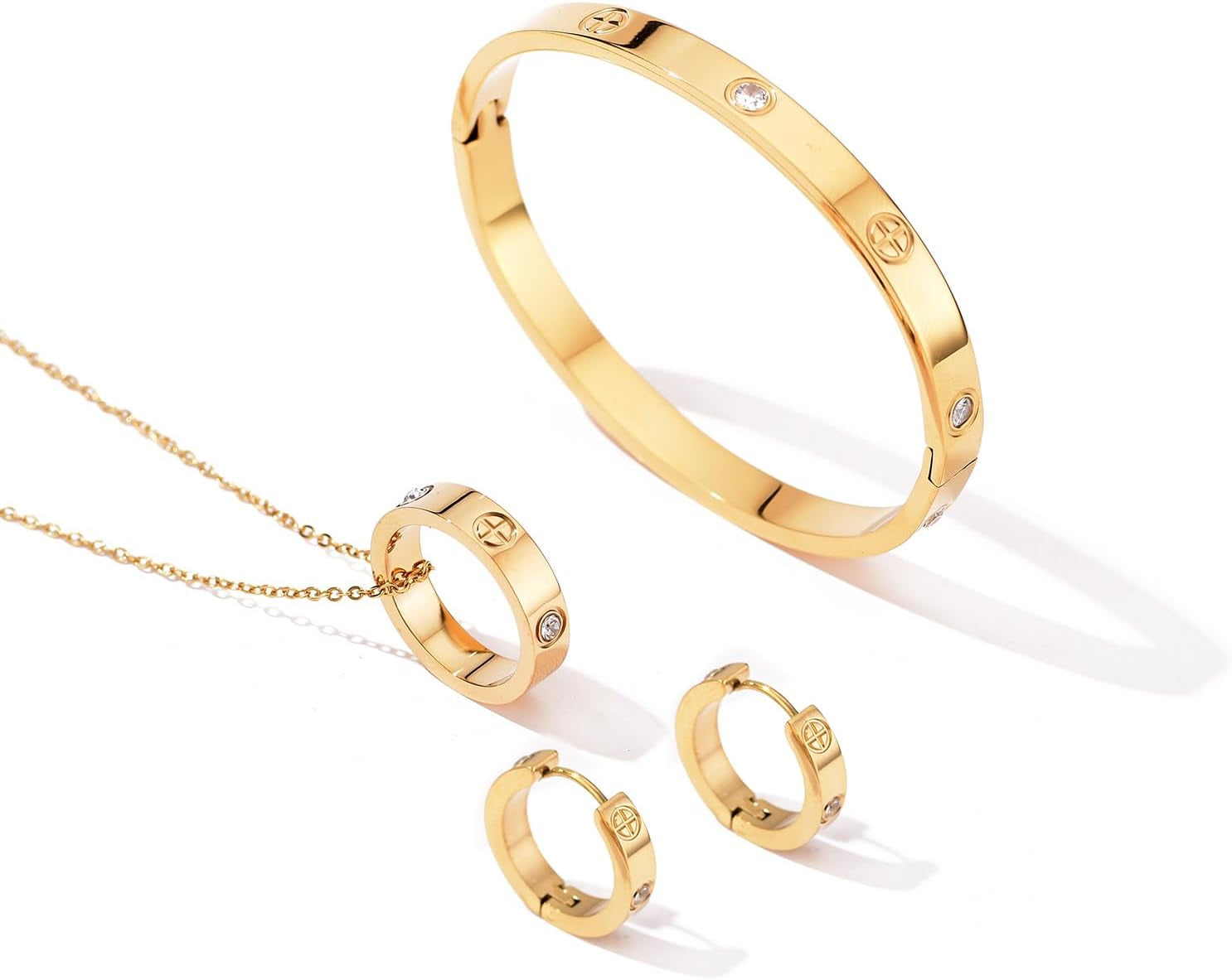 Love Bracelet Earring Necklace Set for Women 18K Gold Plated Trendy Stainless Steel Luxury Love Hoop Earring Bangle Pendant Jewelry Set