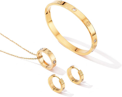 Love Bracelet Earring Necklace Set for Women 18K Gold Plated Trendy Stainless Steel Luxury Love Hoop Earring Bangle Pendant Jewelry Set