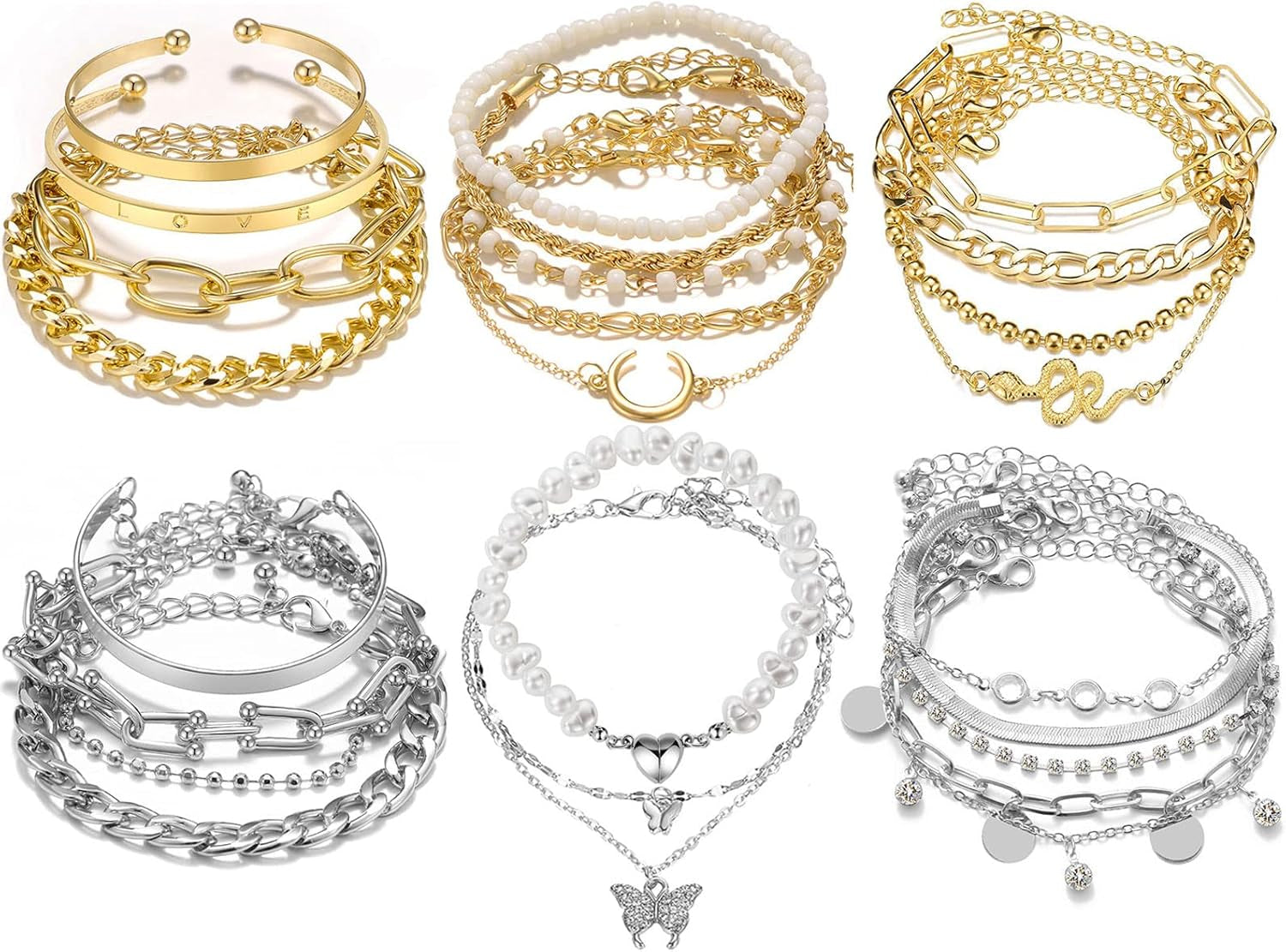 Layered stackable gold bangles showing variety in the bundle
