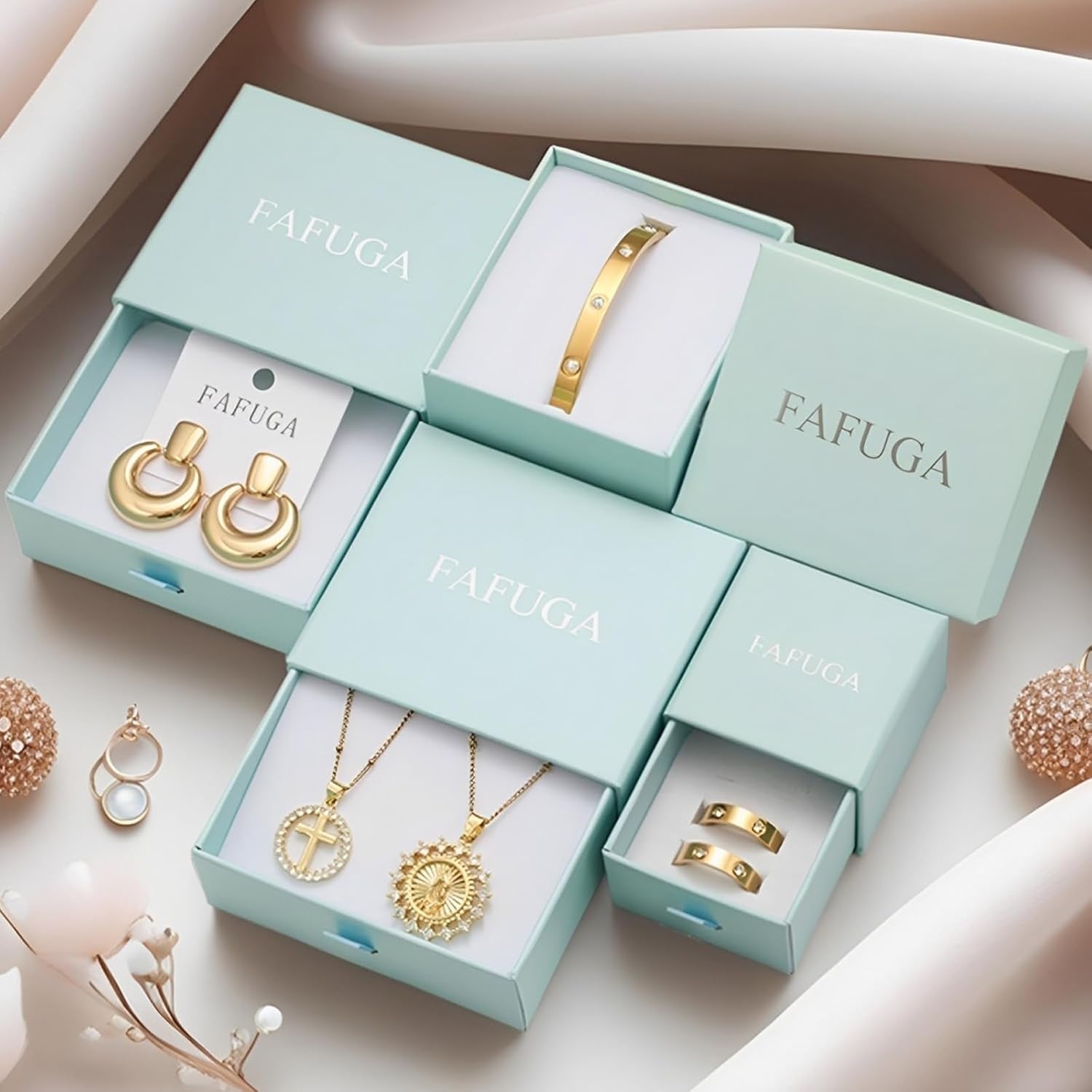 FAFUGA 18 K Gold Plated Double Bangle Bracelet Stack Love Jewelry Set for Women Gift with Box