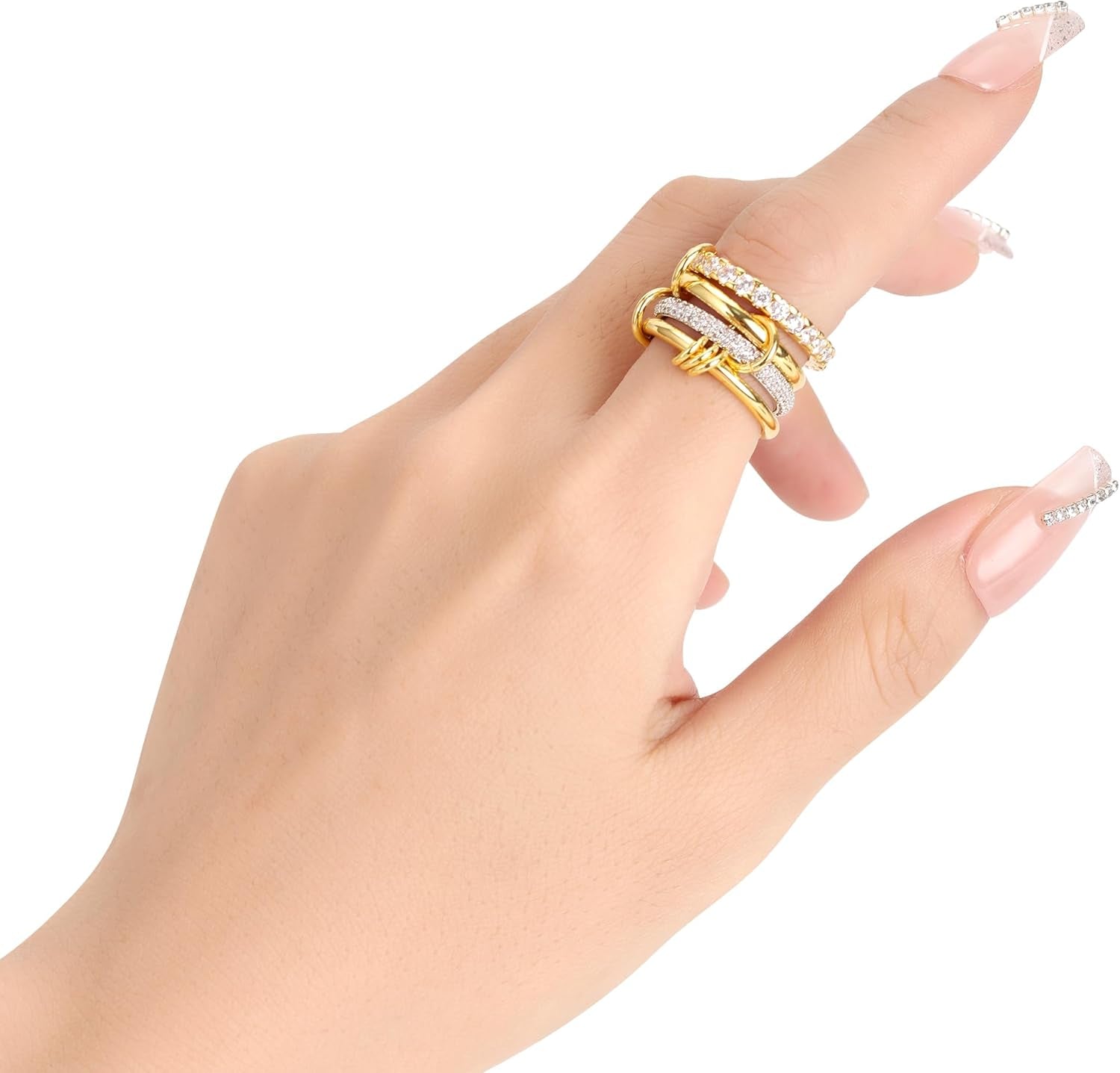 Gold Stackable Rings for Women Non Tarnish, 18K Gold Plated CZ Cubic Zirconia Rings, Golden Rings Set, Multi-Link Connected Rings