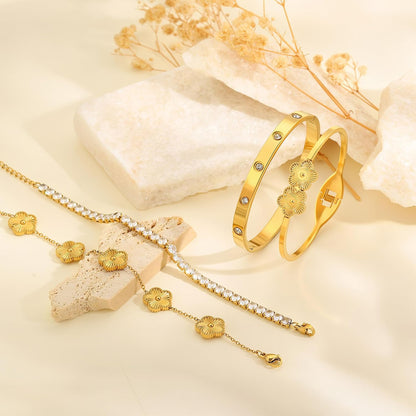 18K Gold Bracelets for Women - Clover Cuff & Cubic Zirconia Tennis Bangle Set - Non-Tarnish Stainless Steel Jewelry Gift for Valentine‘S, Christmas & Mother’S Day