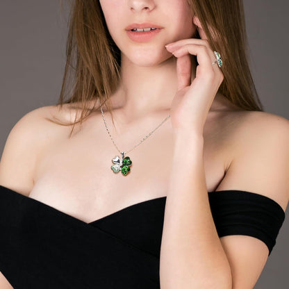 Gyovinnjuwanua Four Leaf Clover Alloy Jewelry - 4Pcs Irish Saint St.Patrick'S Day Lucky Necklace Bracelet Earrings Ring Jewelry Gifts, Clover Silver Alloy Ornament & Plush Gift Pouch for Women