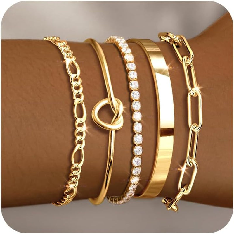 Gold Bracelets for Women 18K Gold Plated Bracelet Stack Bangle Cuff Bracelet Set for Women Non Tarnish Beaded/Paperclip/Cuban Link Chain Bracelets Jewelry for Women Trendy