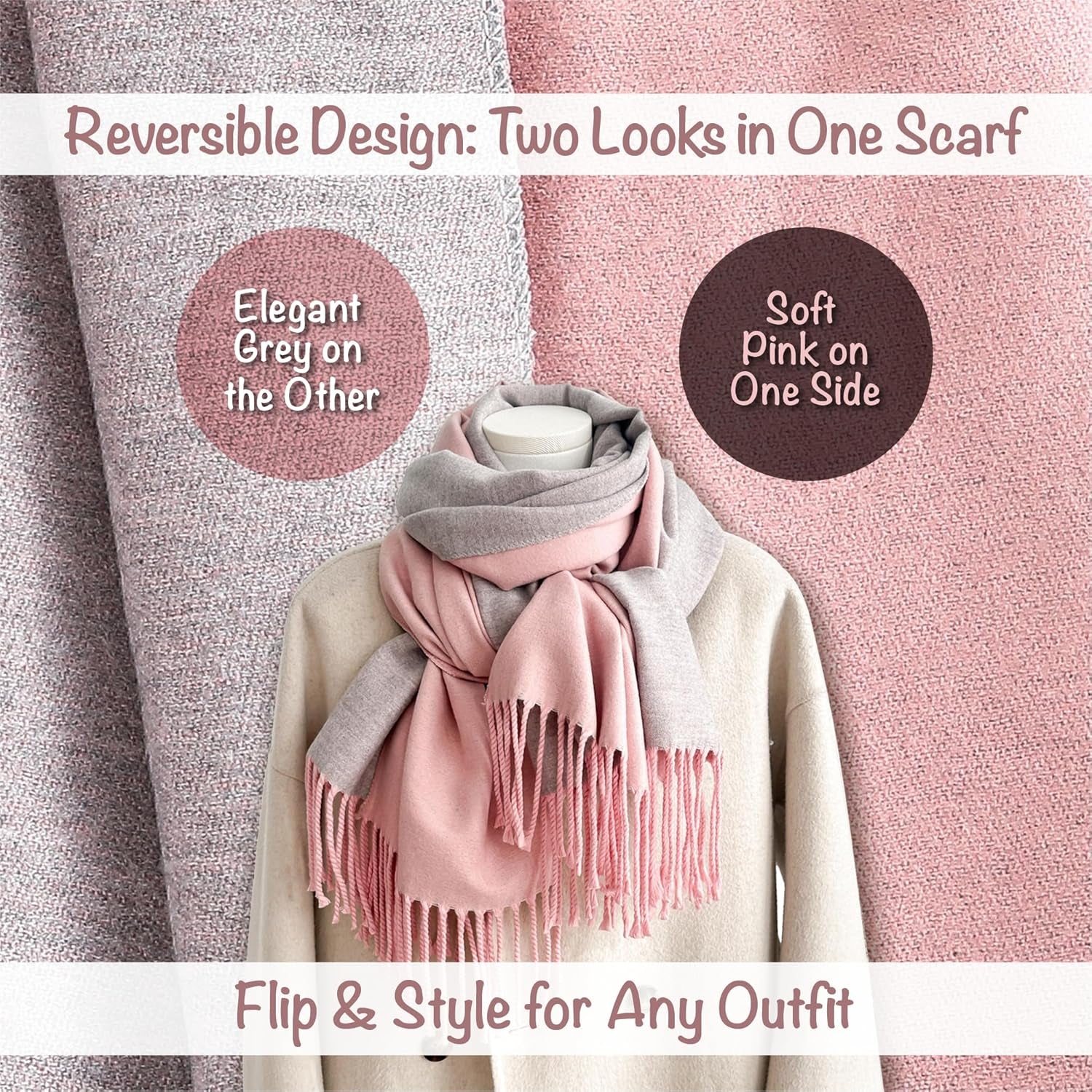 Winter Scarf for Women-Reversible Scarf with Cashmere-Like Softness 70X200Cm - Warm Shawl Wrap -Pashmina Shawls Wrap
