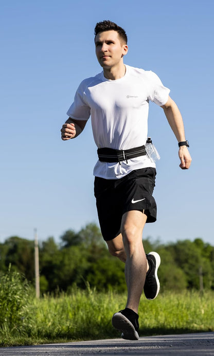 Running belt showing phone compartment fits all smartphone sizes