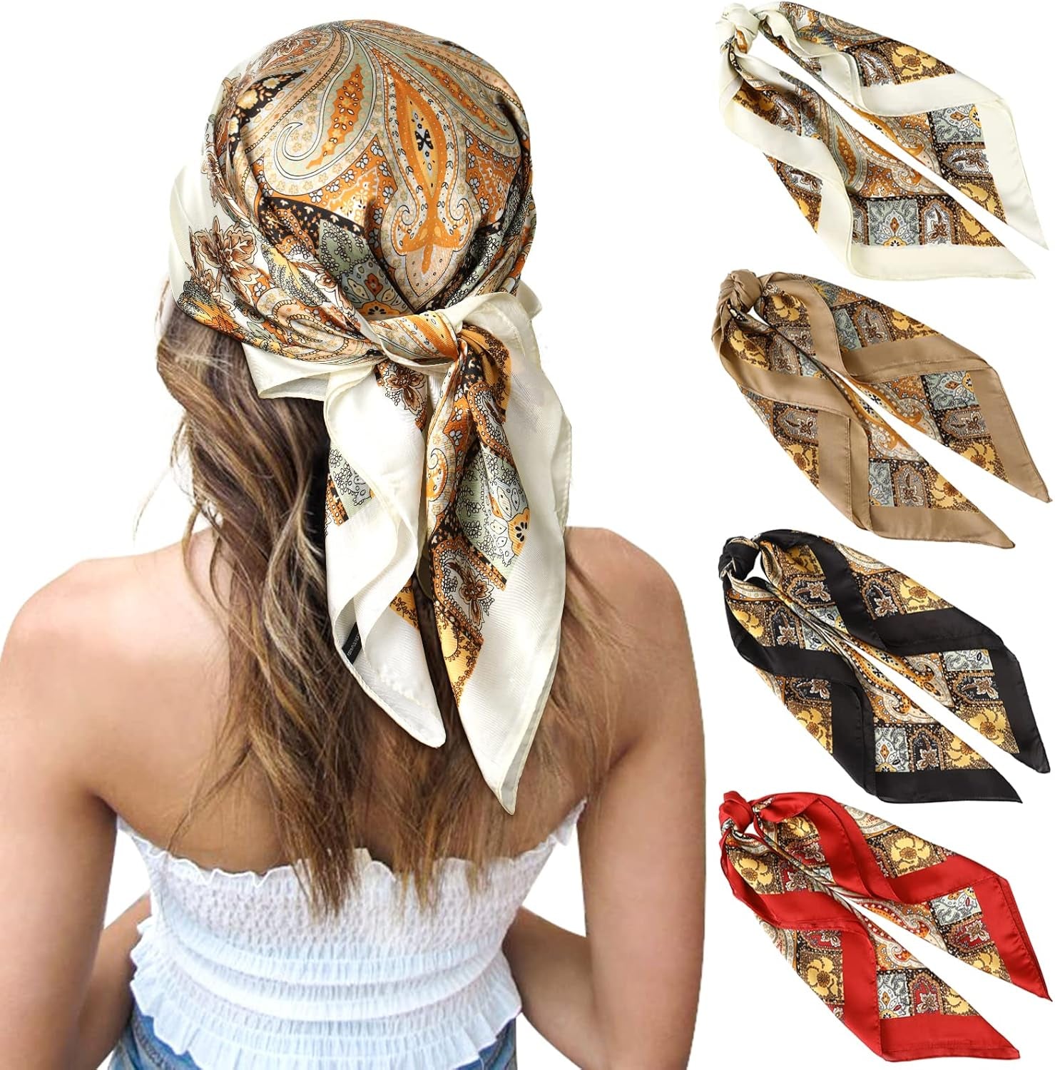 CHLINS 27 Inches Silk Feeling Square Head Scarf - 4 Pcs Satin Square Head Scarves for Women Hair Bandanas