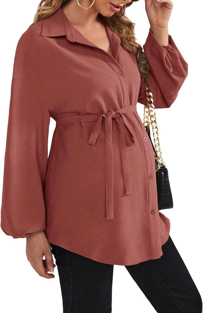 Makemechic Women'S Maternity Shirts Long Sleeve Belted Button down Casual Pregnancy Blouse Tops