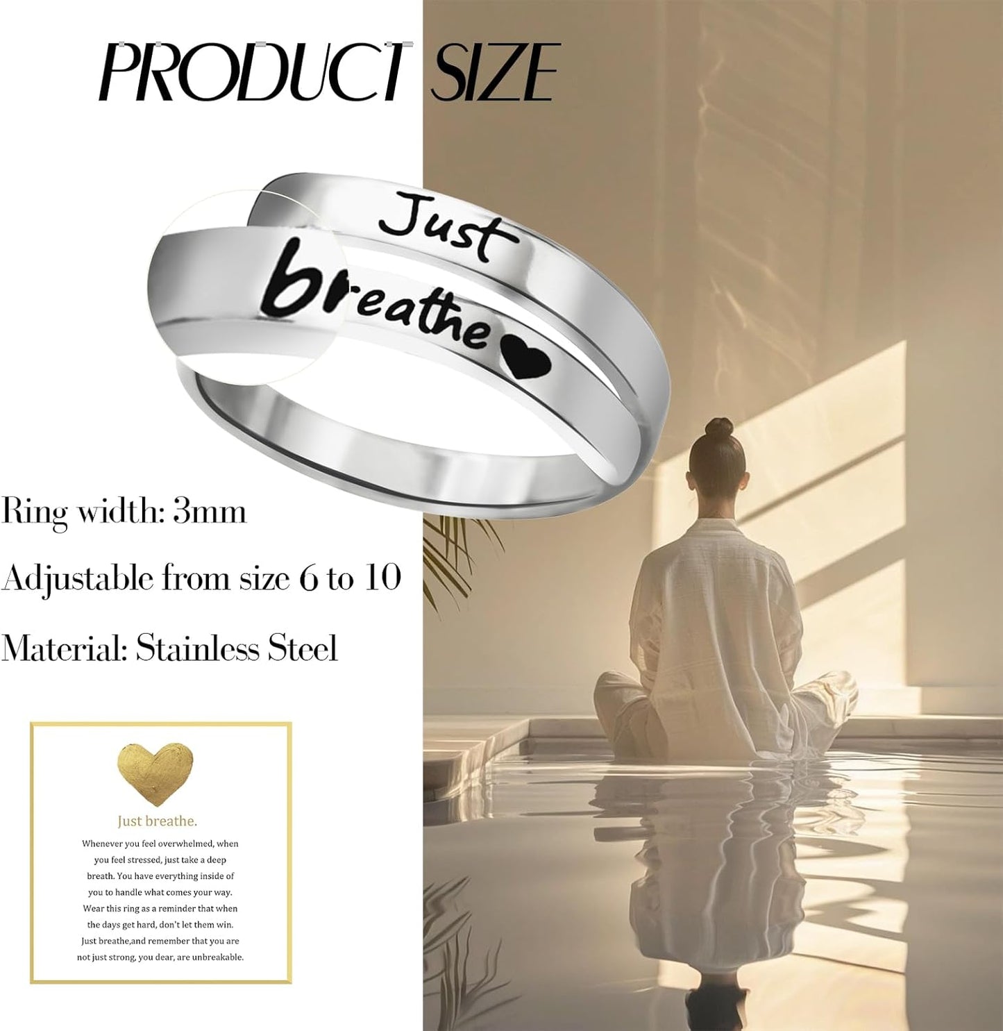 Stainless steel heart ring with healing spiral wrap pattern detail