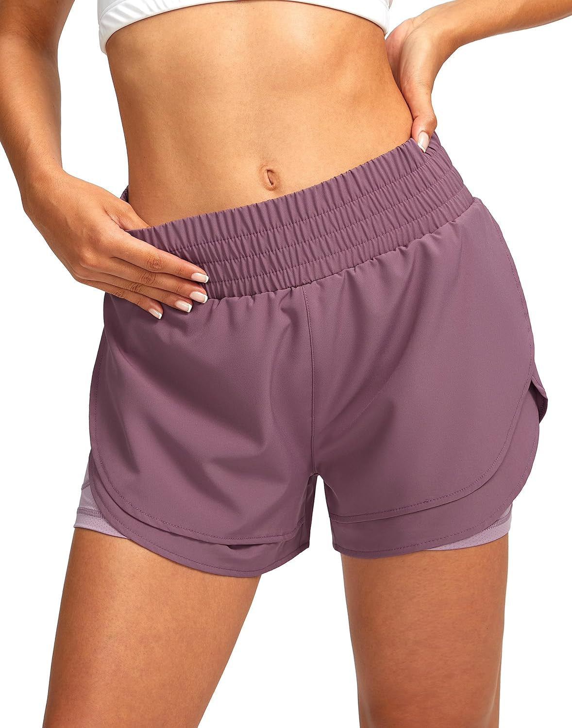 Soothfeel Women'S 2 in 1 Running Shorts High Waisted Athletic Shorts Exercise Gym Workout Shorts for Women with Pockets