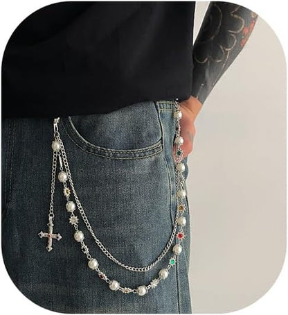 Rhinestone Waist Body Chain Jewelry Pearl Waist Belt Goth Cross Pendant Pants Chain Hip-Hop Jean Trouser Keychains Jewelry for Men Women