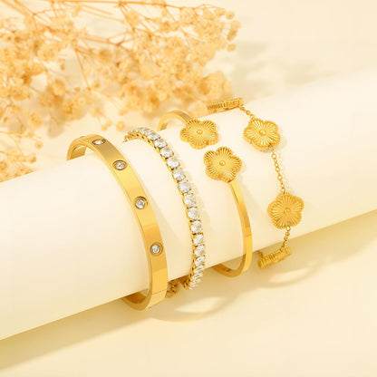 18K Gold Bracelets for Women - Clover Cuff & Cubic Zirconia Tennis Bangle Set - Non-Tarnish Stainless Steel Jewelry Gift for Valentine‘S, Christmas & Mother’S Day