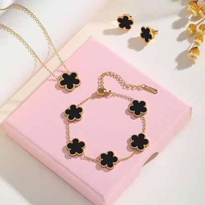 Generic 3 PCS Lucky Clover Necklace Set, 18K-Gold Plated Trendy Lucky Clover Bracelet, Necklace, Earrings Jewelry Set,Gifts for Mom, Wife, Daughter，Friends, Black