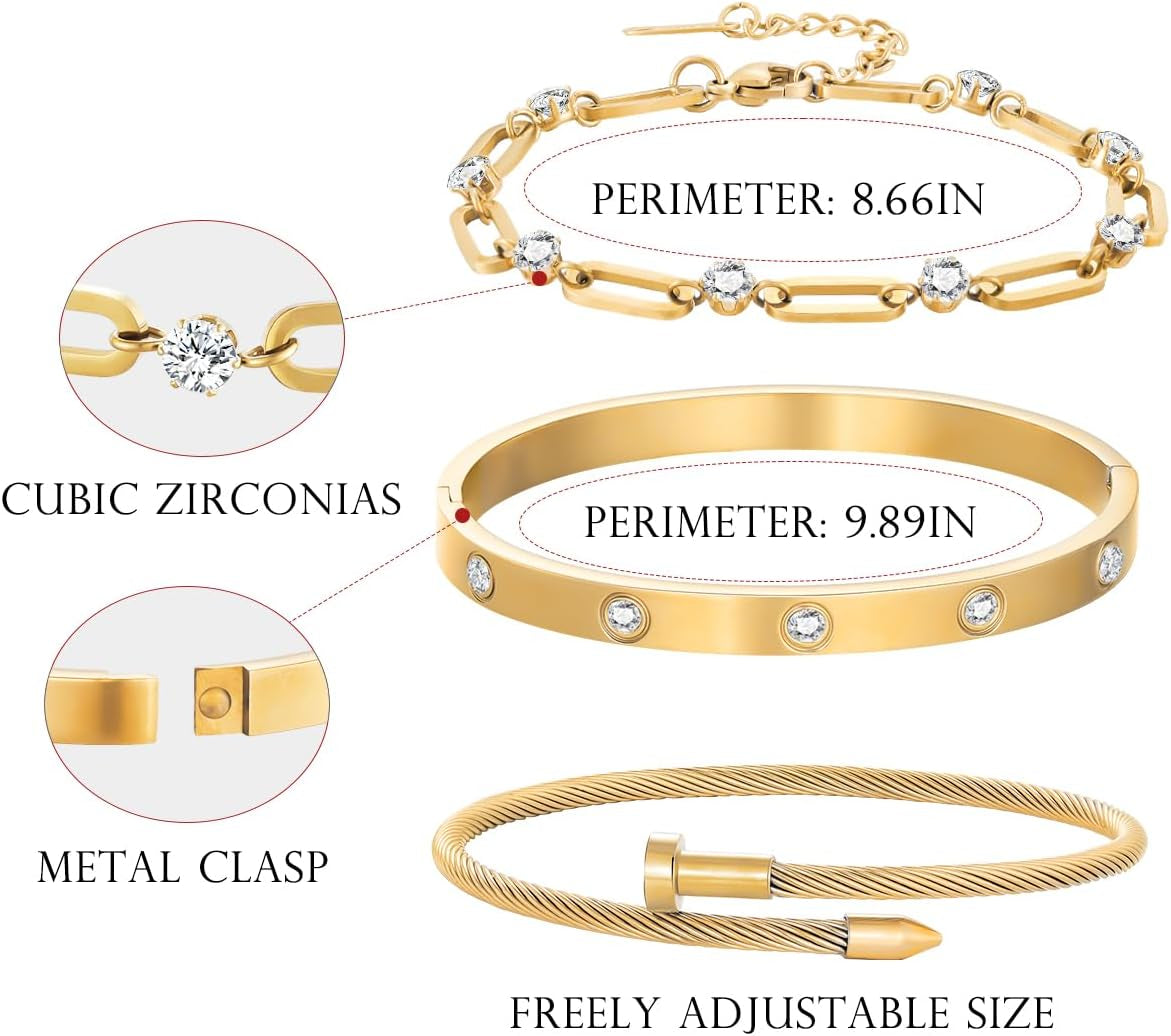 18K Gold Plated Bangle Bracelets for Women, Stackable Love Bangle Bracelet Set, Stainless Steel Non Tarnish Bracelet Set, Adjustable Bracelets Jewelry Christmas Valentine Birthday Gifts, Gold