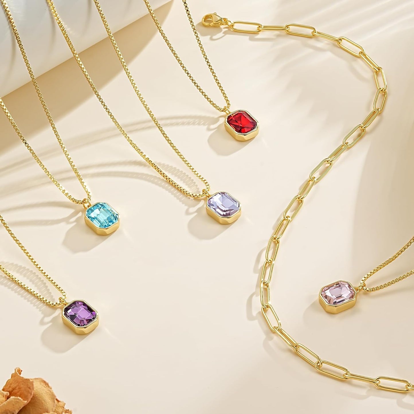 Christmas Gifts for Women Teen Girls - Birthstone Necklace for Women Girls Dainty Layered Gold Necklace for Women with 12 Month Rectangle Birthstone Pendant Paperclip Box Chain Choker Necklace