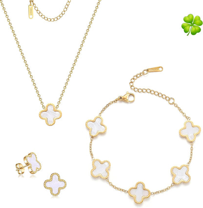 Lucky Clover Sets, 18K Gold Plated Four Leaf Bracelet, Necklace Pendant, Earrings for Women Flower Link Bracelets Set Jewelry Gifts for Women