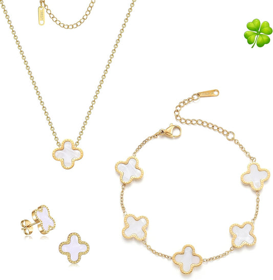 Lucky Clover Sets, 18K Gold Plated Four Leaf Bracelet, Necklace Pendant, Earrings for Women Flower Link Bracelets Set Jewelry Gifts for Women