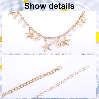 Seashell Starfish Waist Chain for Women, Adjustable Starfish Pearl Body Chain Fashionable Summer Beach Belly Jewelry Gold Shell Belt for Swimwear & Outfits