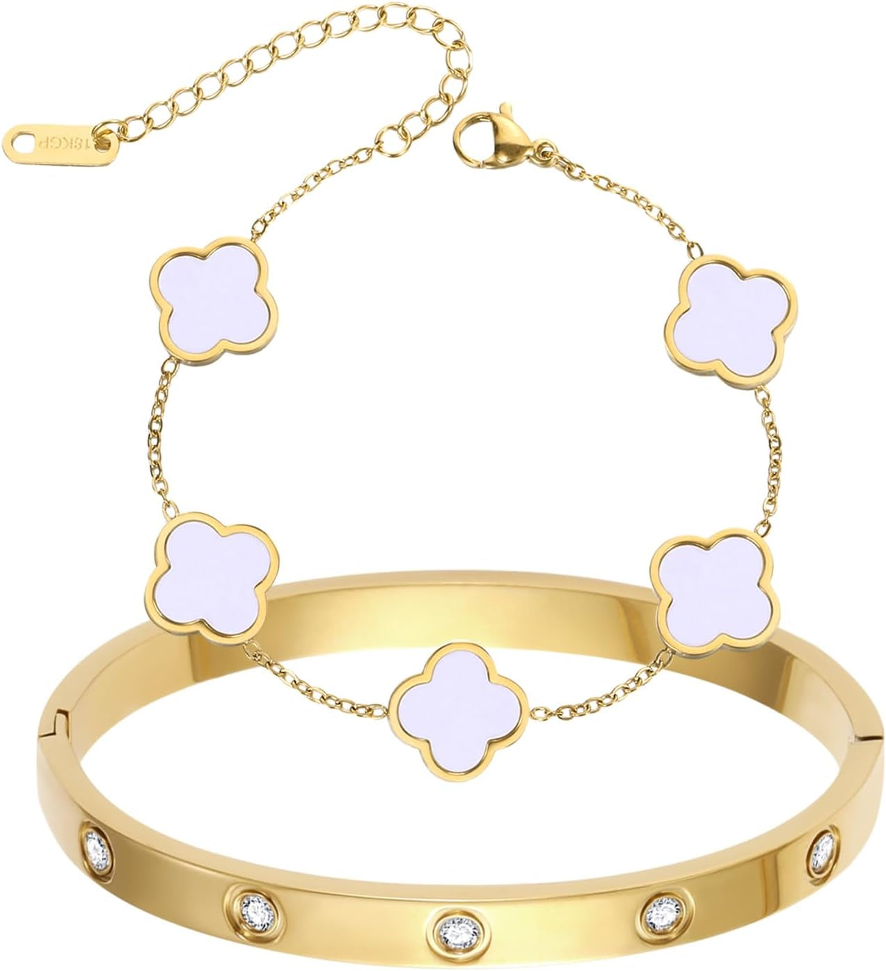 2Pcs 18K Gold Plated Clover Bracelet for Women Gold Love Bangle Four Leaf Clover Bracelet Set Gold Bracelets Stack Trendy Lucky Link Bracelets Jewelry Christmas Valentines Birthday Gifts for Women