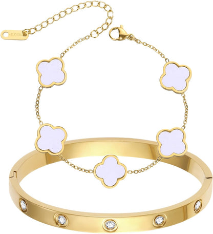 2Pcs 18K Gold Plated Clover Bracelet for Women Gold Love Bangle Four Leaf Clover Bracelet Set Gold Bracelets Stack Trendy Lucky Link Bracelets Jewelry Christmas Valentines Birthday Gifts for Women