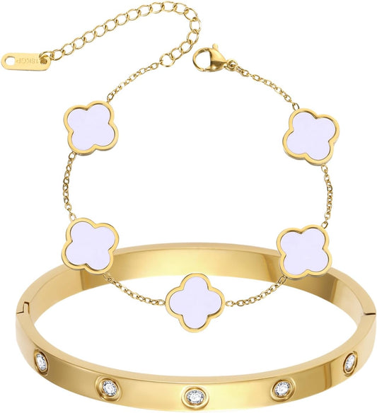 2Pcs 18K Gold Plated Clover Bracelet for Women Gold Love Bangle Four Leaf Clover Bracelet Set Gold Bracelets Stack Trendy Lucky Link Bracelets Jewelry Christmas Valentines Birthday Gifts for Women