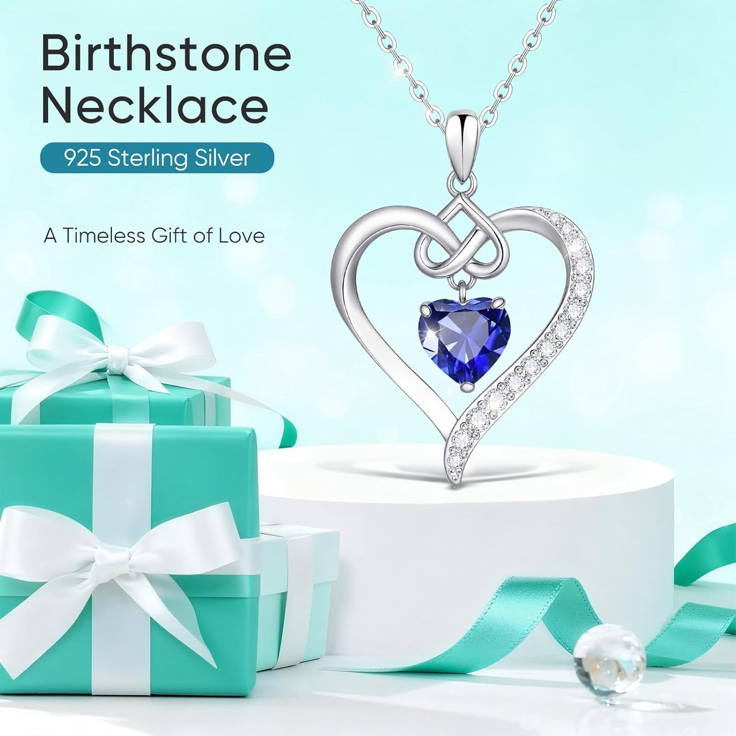 Heart Birthstone Pendant Necklaces for Women - Dainty 925 Sterling Silver Necklace 12 Month Birthstone Jewelry Birthday Anniversary Christmas Jewelry Gifts for Girlfriend Mom Daughter Lady Her