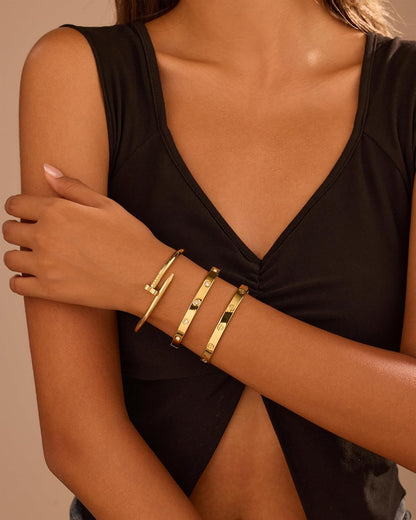 18K Gold Plated Stainless Steel Love Nail Bangle Clover Bracelet Set Stackable Dupes for Love Trendy Jewelry