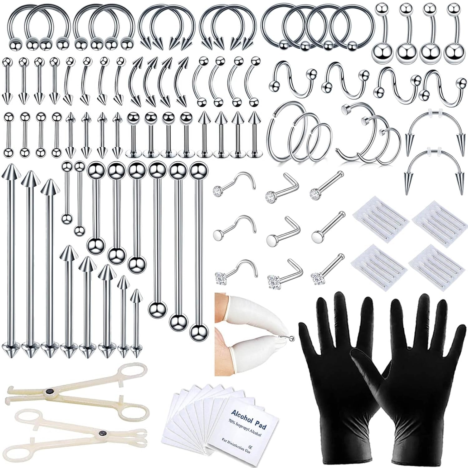 A-Minusone 84PCS Body Septum Piercing Kit 14G 16G Tools for Nose Tongue Lip Ear Eyebrow Belly Button Cartilage Tragus Industrial Barbell Helix Daith Piercing Jewelry Clamps