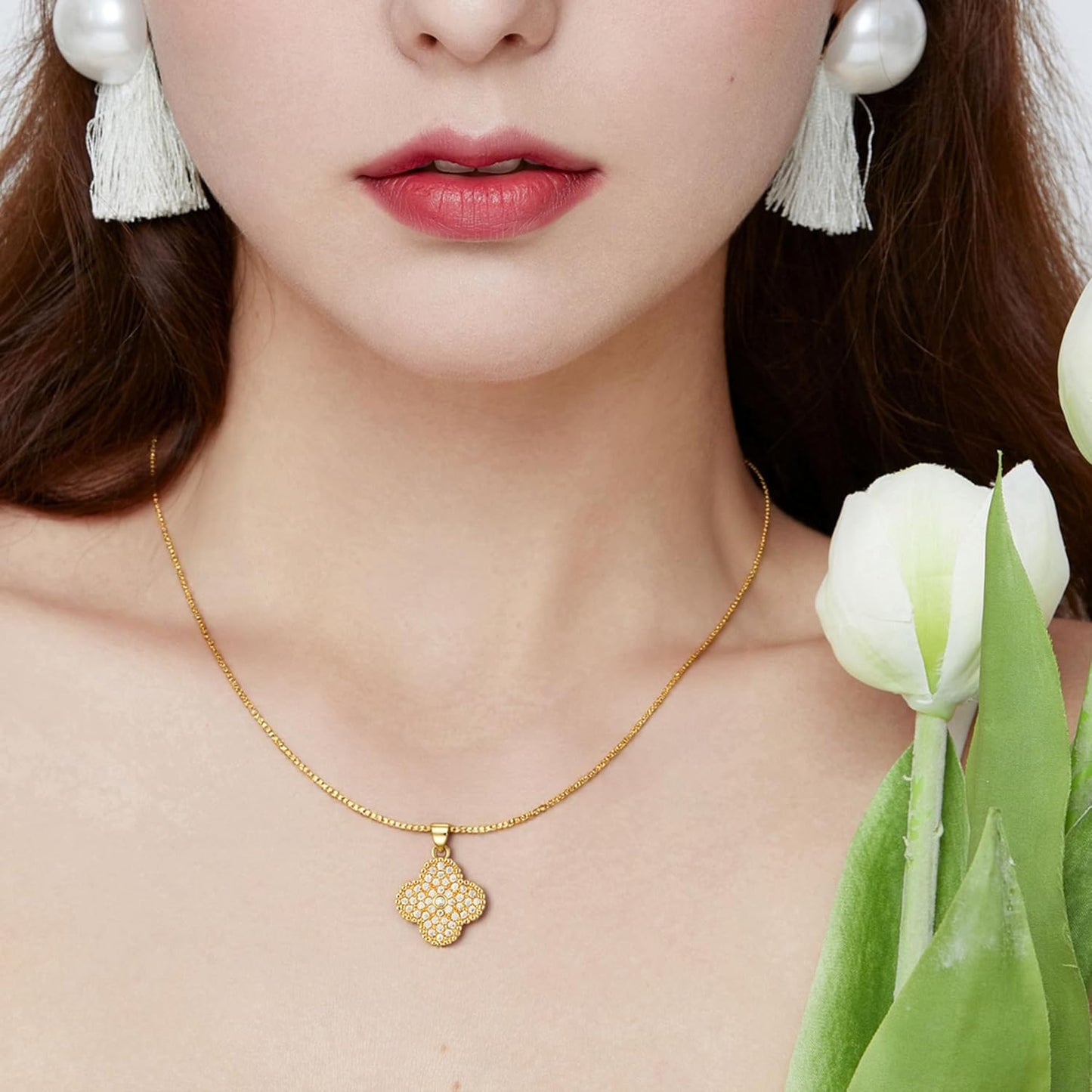 Diamond Four Leaf Clover Necklace for Women, 18K Gold Plated Adjustable Chain with Sparkling CZ Pendant, Elegant and Lucky Fashion Jewelry, Gifts for Women