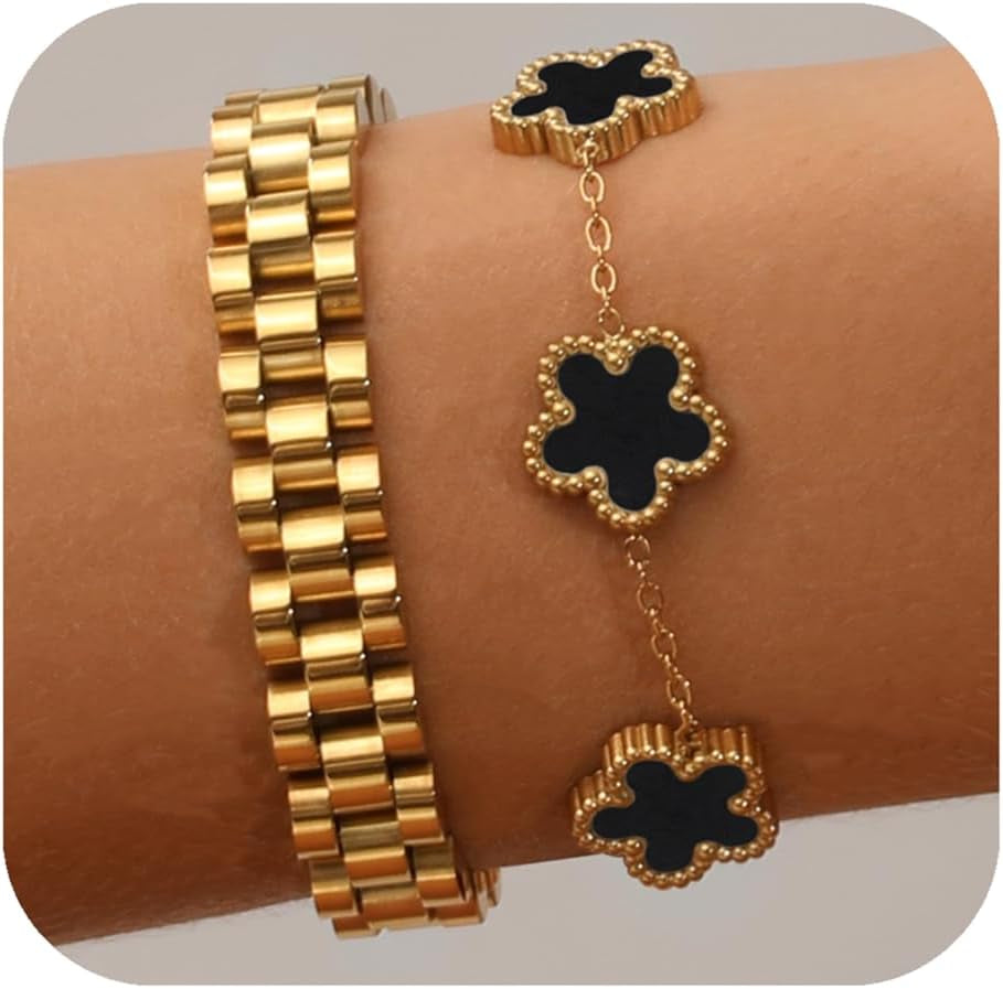 Stackable Four Leaf Clover Bracelets for Women, 18K Gold Plated Bangle Bracelets Set, 2 Pcs Charm Jewelry Gifts