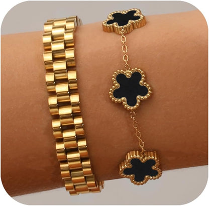 Stackable Four Leaf Clover Bracelets for Women, 18K Gold Plated Bangle Bracelets Set, 2 Pcs Charm Jewelry Gifts