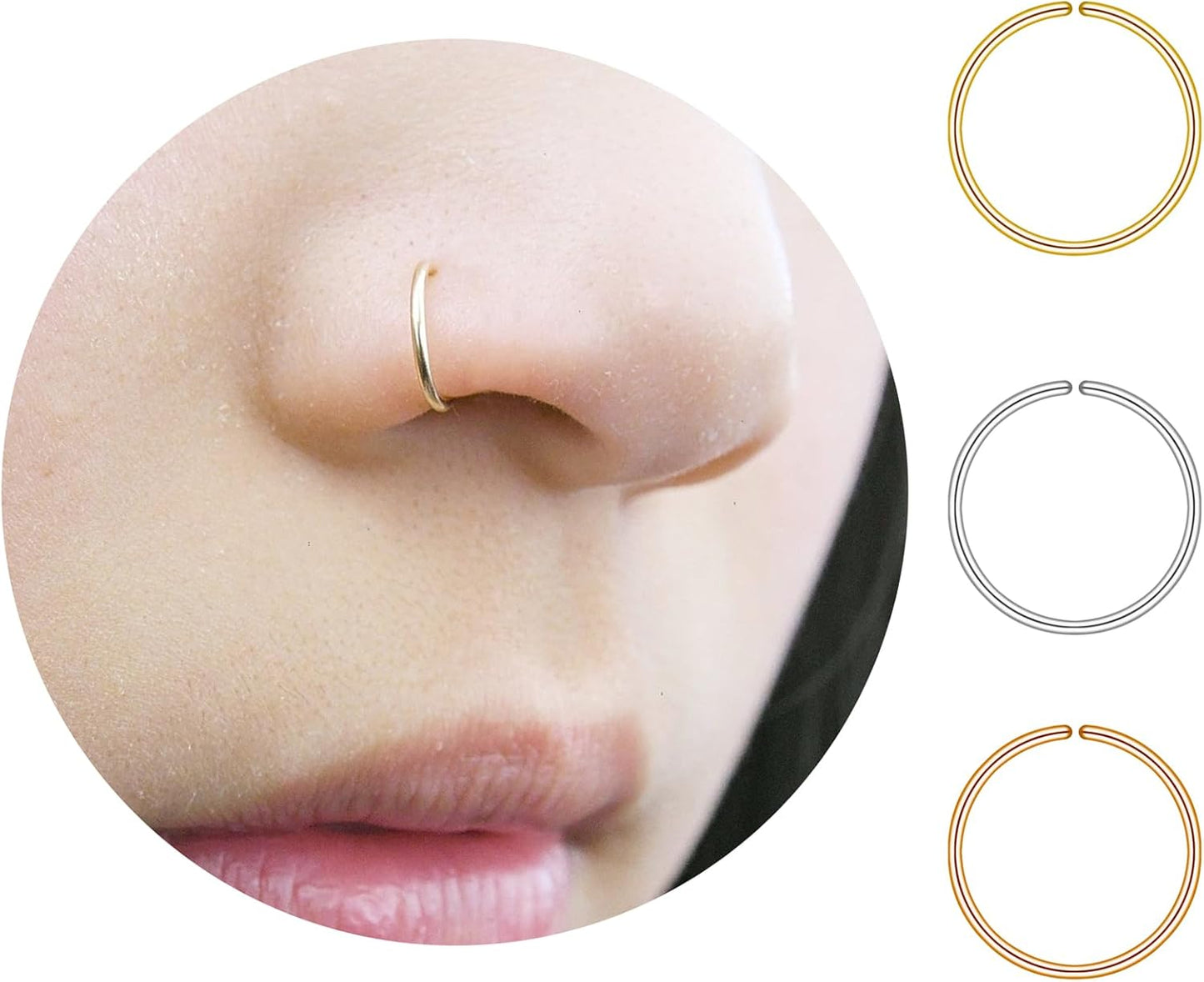 LUCKYJEWUS Small Thin Gold or Sterling Silver Nose Ring Hoop for Women, Tiny Nose Piercing Jewelry