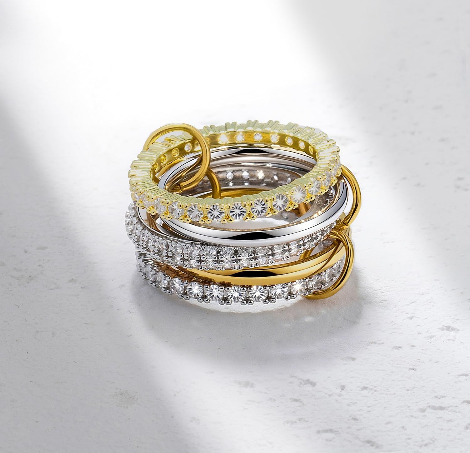 18K Gold Plated Stackable Rings for Women with Gift Box – Silver & Gold Multi-Link Connected Bands Set,Cubic Zirconia Mixed Metals Rings, Tarnish-Resistant Jewelry