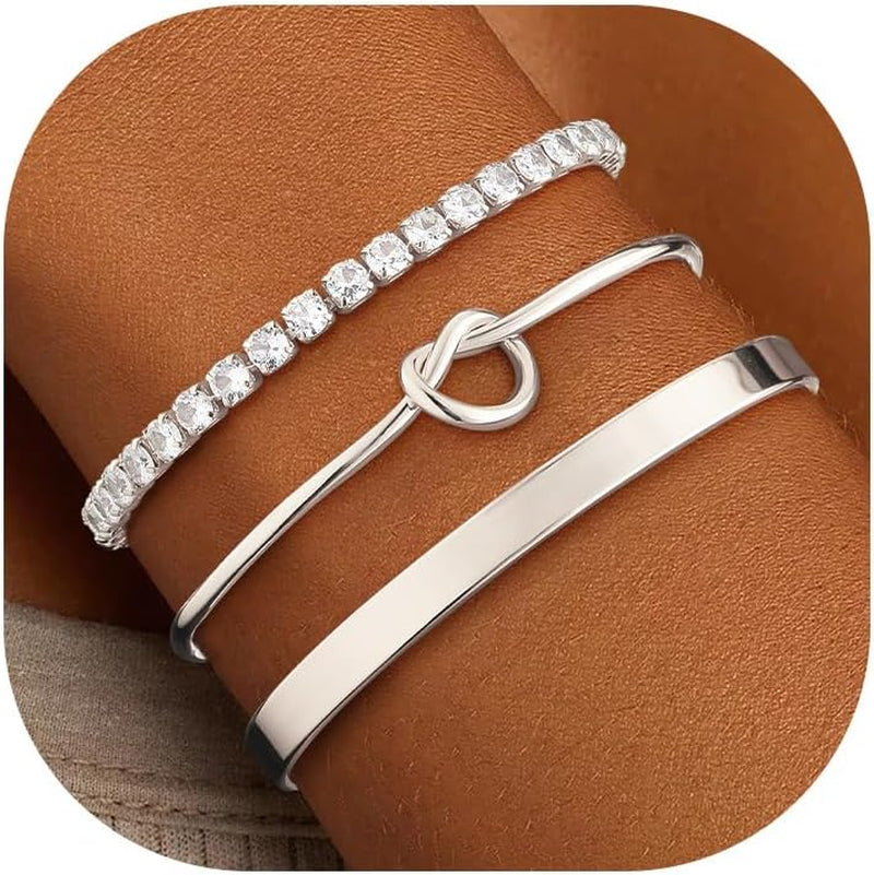 ZOERAY Silver Gold Bangle Bracelets for Women Non Tarnish 14K Gold Plated Stackable Cuff Bracelets for Women Trendy Cubic Zirconia Stainless Steel Chunky Bracelet Stack Set Waterproof Jewelry Gifts