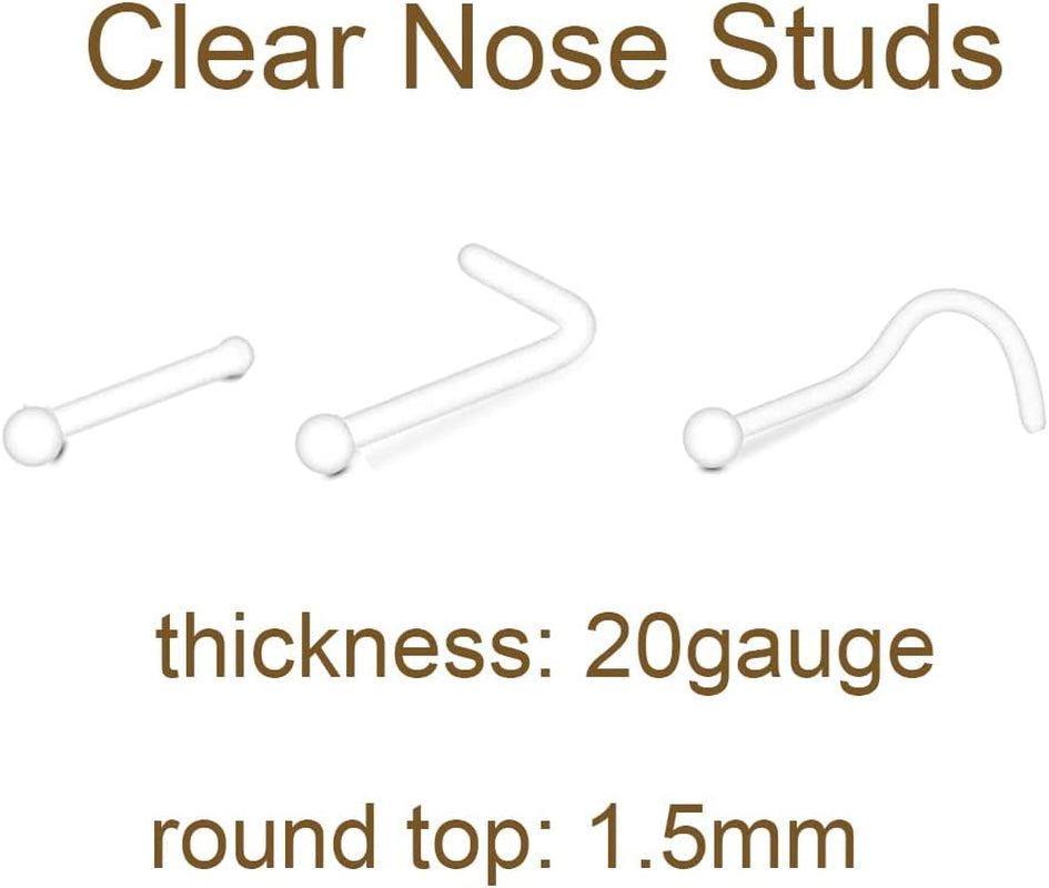 MODRSA Clear Nose Rings & Studs - Plastic Nose Piercing Retainers - 16G, 18G, 20G - Clear Cartilage Earrings & Lip Piercing Retainer