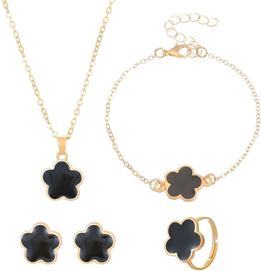 Caiyao Multicolor Five-Leaf Clover Blossom Flower Earrings Necklace Bracelet and Ring Set Lucky Five-Leaf Blossom Flower Jewelry Set for Women