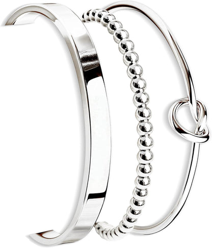 Silver Bracelets for Women Stack, Silver or Gold Plated Cuff Bangle Set, Trendy Silver Jewelry for Women Fashion