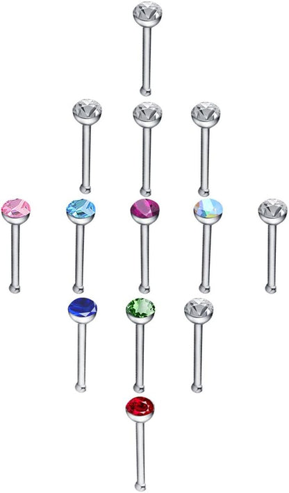 2 Sets 120 Pcs Stainless Steel Nose Ring Body Piercing Jewelry Nose Bone Stud Nose Hoop Crystal Hypoallergenic White+Multicolor