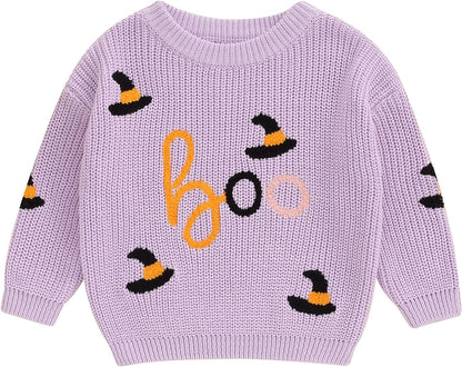 Baby Halloween Sweater Pumpkin Print Long Sleeve Crewneck Embroidery Knit Sweatshirt Toddler Fall Winter Pullover